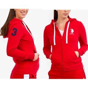 US Polo Women's Hoodie Jacket Cotton Embroidered Logo Holiday Red Large $79